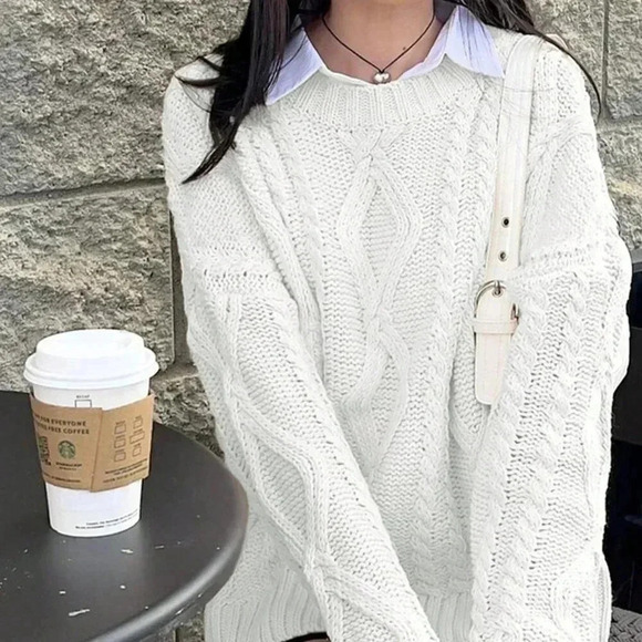 White Casual Women's Deep Round Neck Cable Knit Loose Pullover Sweater - Picture 6 of 7